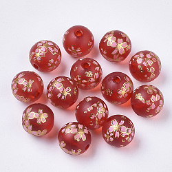 Bedruckte transparente Harzperlen, matt, rund mit Sakura Blumenmuster, rot, 11.5x11 mm, Bohrung: 2 mm