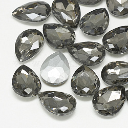 Cabochons en verre avec strass de dos avec point, dos plaqué, facette, larme, diamant noir, 14x10x4.5mm