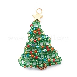 Weihnachtsbäume form anhänger, mit Glasperlen, Messingperlen und 304 Edelstahl-Sprungringe, grün, 53x33x4.5 mm, Bohrung: 3.5 mm
