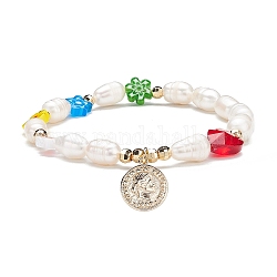 Bracelet extensible en perles naturelles et en verre millefiori, avec breloque cœur et pièce de monnaie pour femmes, colorées, diamètre intérieur: 2-1/8 pouce (5.5 cm)