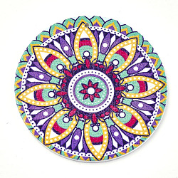  Printed Wooden Big Pendants, Dyed, Flat Round with Flower, Colorful, 60x2.5mm, Hole: 1.5mm