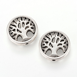 Perline in lega stile tibetano, piatta e rotonda con l'albero,  cadmio& piombo libero, argento antico, 18x4mm, Foro: 1.5 mm