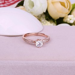 925 Sterling Sliver Adjustable Rings, 4 Prong Seting Rings, with Crystal Rhinestone, Rose Gold
