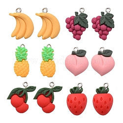 12pcs 6 styles de pendentifs en résine opaque, breloques fruits avec boucles en fer couleur platine, couleur mixte, 22~27.5x13~18x5.5~7mm, Trou: 2mm, 2 pièces / style