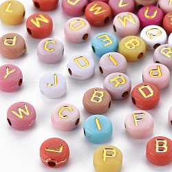 Opaque Mixed Color Acrylic Beads, Metal Enlaced, Flat Round with Random Letters, Golden Plated, 7x4mm, Hole: 1.8mm, about 370pcs/50g