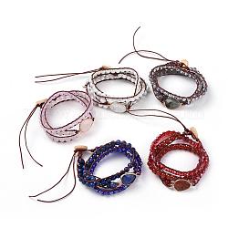 Bracelets en perles de verre à facettes et pierres gemmes naturelles mélangées, avec cordon en cuir de vachette et toile de jute, larme, 570x7mm