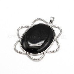 Dyed Natural Gemstone Big Pendants, with Platinum Plated Brass Findings, Oval, Black Agate, 53x51x6mm, Hole: 4x6mm