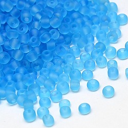 DeepSky Blue 8/0 Frosted Transparent Glass Seed Beads, 2.0~3.0mm, Hole: 0.8mm, about 1653pcs/50g