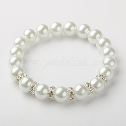 Perle perline di vetro si estendono bracciali, con perline rhinestone in ottone, colore argento placcato, bianco, 55mm