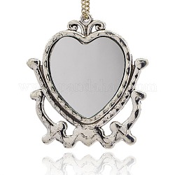 Antique Silver Plated Alloy Glass Mirror Big Pendants, Heart, Clear, 54x48x2mm, Hole: 2mm