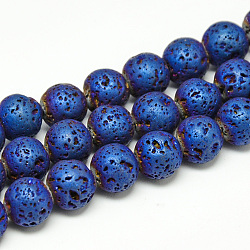 Placcare fili di perle di roccia lavica naturale, stile matte, tondo, blu placcato, 8x8.5mm, Foro: 1 mm, circa 48pcs/filo, 15.3 pollice