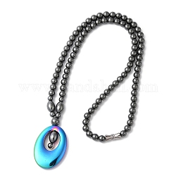 Halskette mit ovalem Anhänger aus synthetischem, nicht magnetischem Hämatit mit runden Perlenketten, Regenbogen-Farb, 17.72 Zoll (45 cm)