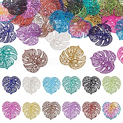 Pandahall 48Pcs 12 Styles 430 & 201 Stainless Steel Filigree Pendants, Etched Metal Embellishments, Tropical Leaf Charms, Monstera Leaf, Mixed Color, 32x32x0.3mm, Hole: 1.2mm, 4pcs/style