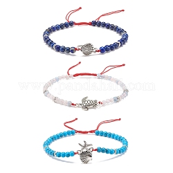 Ensemble de bracelets en perles tressées, lapis-lazuli naturel, aigue-marine et turquoise synthétique (teint), 3 pièce, 3 styles, alliage étoile de mer et coquillages et bracelets à maillons de tortue pour femmes, diamètre intérieur: 2-1/4~3-5/8 pouce (5.6~9.2 cm), 1pc / style