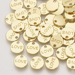 Charms in lega, piatta e rotonda con la parola amore, oro chiaro, 9x1.5mm, Foro: 1.4 mm