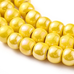 Handmade Porcelain Beads Strands, Bright Glazed Porcelain, Rainbow Plated, Round, Yellow, 6~6.5x5.5mm, Hole: 1.8mm, about 115~120pcs/strand, 25.2 inch(64cm)