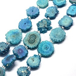 Natürliche Druzy Quarzkristall-Perlenstränge, Solarquarz, gefärbt, Nuggets, Deep-Sky-blau, 14~22x13~20x4~6 mm, Bohrung: 1.5~2 mm, ca. 9~12 Stk. / Strang, 7.7~7.9 Zoll (19.5~20 cm)
