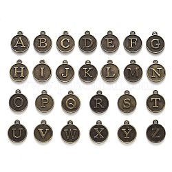 Legierung Anhänger Cabochon Fassungen für Emaille, flach rund mit Alphabet, Antik Bronze, 14x12x2 mm, Bohrung: 1.5 mm, 26 Stück / Set