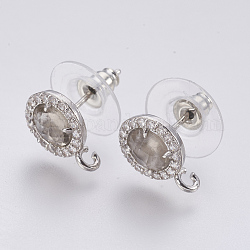 Faceted Glass Stud Earring Findings, with Loop, Brass Micro Pave Cubic Zirconia Findings, Flat Round, Platinum, Dark Gray, 12x9x4mm, Hole: 1.2mm, Pin: 0.8mm