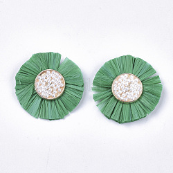 Accesorios de decoración de rafia estilo bohemia, Con perlas de imitación de plástico abs y fornituras de aleación, plano y redondo, dorado, verde mar, 35.5~37.5x6.5mm