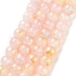 Hilos de abalorios de vidrio craquelado pintado, con polvo de oro, redondo, rosa, 6mm, agujero: 1.2 mm, aproximamente 147 pcs / cadena, 31.10 pulgada (79 cm)