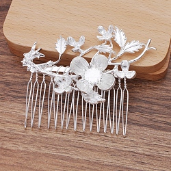 Cabochon-Fassungen für Haarkamm aus Eisen, Legierung mit Blume, Silber, 62x77x10 mm