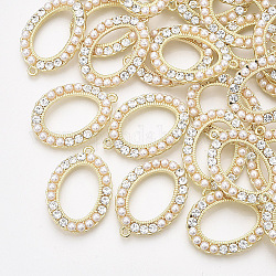 Pendenti di perle imitazione plastica abs, con strass di cristallo e reperti in lega, ovale, oro chiaro, 32x23x4mm, Foro: 1.6 mm
