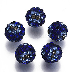 Perles de strass en argile polymère, Perles de boule pavé disco , ronde, saphir, pp13 (1.9~2mm), 6 rangs de strass, 10mm, Trou: 1.5mm