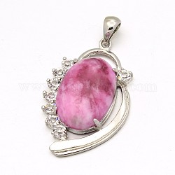 Oval Natural Gemstone Pendants, with Rhinestone and Brass Findings, Dyed, Platinum, 43x28x10mm, Hole: 7x4mm