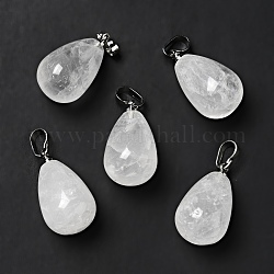 Pendentifs de cristal de quartz naturel, pendentifs en cristal de roche, avec les accessoires en laiton de tonalité de platine, charme de larme, 20~21x11~12mm, Trou: 6x3.5mm