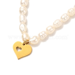 Collar con colgante de corazón para niña mujer, collar de perlas naturales, dorado, blanco, 15.31 pulgada (38.9 cm)