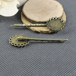 Iron Hair Bobby Pin Findings, with Oval Lace Edge Bezel Settings, Antique Bronze, 64x18mm, Tray: 13x18mm