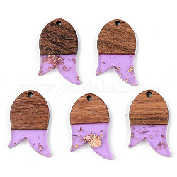 Transparent Resin & Walnut Wood Pendants, with Gold Foil, Fish, Lilac, 28x18x3mm, Hole: 2mm