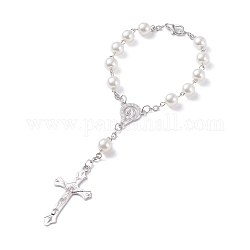 Religious Prayer Imitation Pearl Beaded Rosary Bracelet, Virgin Mary Crucifix Cross Long Charm Bracelet for Easter, Platinum, 7-1/2 inch(18.9cm)