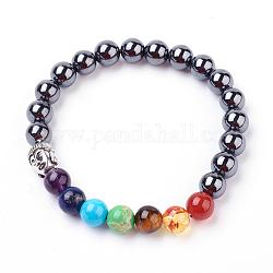 Bracelets élastiques en pierres gemmes, ronde, chakra perles bracelets, avec les accessoires en alliage, tête de bouddha, 2-1/8 pouce (54 mm)