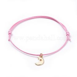 Kabel Armbänder, mit umweltfreundlicher koreanischer gewachster Polyesterschnur und Messinganhänger, Mond, golden, Perle rosa, 2-1/2 Zoll ~ 3-3/8 Zoll (6.5~8.6 cm)