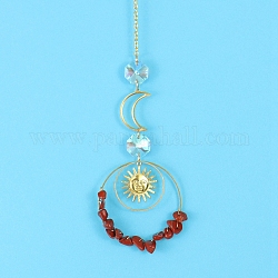 Glass & Brass Pendant Decorations, Suncatchers, Rainbow Makers, with Chips Red Jasper, for Home Decoration, 350mm