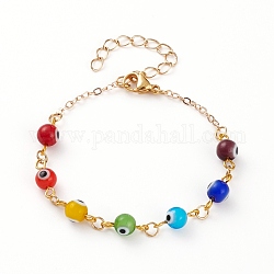 Bracelets de perles faits à la main au chalumeau mauvais œil, avec chaînes en laiton et 304 fermoir à pince de homard en acier inoxydable, ronde, or, colorées, 6-3/8 pouce (16.2 cm)