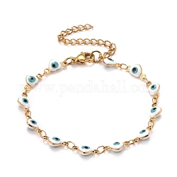 Enamel Heart with Evil Eye Link Chains Bracelet, Vacuum Plating 304 Stainless Steel Jewelry for Women, Golden, White, 6-7/8 inch(17.5cm)