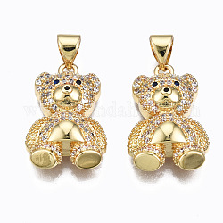 Brass Micro Pave clear Cubic Zirconia Pendants, Nickel free, Bear, Real 16K Gold Plated, 20x13x6mm, Hole: 3x5mm