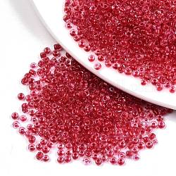 8/0 Glass Seed Beads, Transparent Inside Colours, Round Hole, Round, Crimson, 8/0, 3~4x2~3mm, Hole: 0.8mm, about 3333pcs/100g