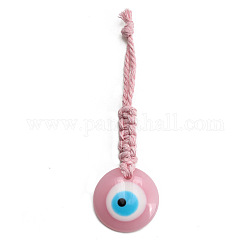 Flacher runder Anhänger aus Kunstharz mit bösem Blick, Geflochtenes hängendes Ornament aus Baumwollkordel, rosa, 109 mm