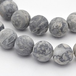 Natural Map Stone/Polychrome Jasper/Picasso Stone/Picasso Jasper Beads Strands, Round, Frosted, Dark Gray, 10mm, Hole: 1mm, about 38pcs/strand, 15.3 inch