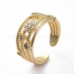 Adjustable Brass Cuff Finger Rings, with Micro Pave Cubic Zirconia, Clear, Golden, Size 6, 16.2mm