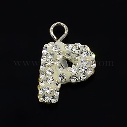 Glittering Polymer Clay with Austrian Crystal Charms Pendants, with 925 Sterling Silver Findings, Letter.P, 13x8x3mm, Hole: 1.5mm