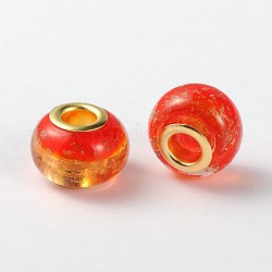 Large Hole Handmade Gold Sand Lampwork Rondelle European Beads, with Golden Brass Double Cores, Orange Red, 15x10mm, Hole: 5mm