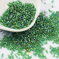 Cuentas de semillas de vidrio de colores transparentes, color de ab chapado, cilindro, verde lima, 2x2mm, agujero: 1 mm