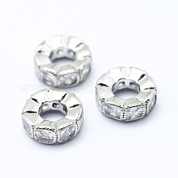 Ottone micro spianare perline europei zirconi, perline con foro grande, rotondo e piatto, platino, 10x3.5mm, Foro: 4 mm