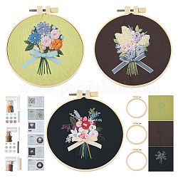 DIY-Blumenstraußmuster 3D-Stickerei-Starterkits, inklusive Canvas-Stoff, Gewinde, Nähnadel, Perlen, Anweisungsblatt, Stickrahmen aus Kunststoff, Mischfarbe