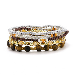 5Pcs 5 Style Natural Frosted Tiger Eye & Synthetic Hematite & Glass Sead Beads Stretch Bracelets Set, Stackable Bracelets for Women Girls, Inner Diameter: 2-1/8 inch(5.5~5.6cm), 5pcs/set